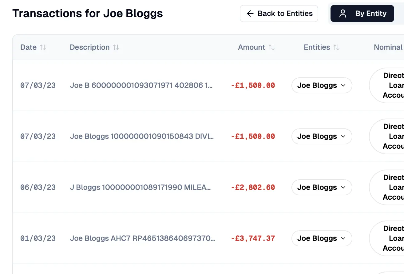 Transaction list grouped by entity for Joe Bloggs showing semantically matched records